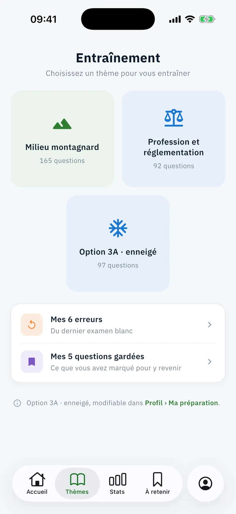 L'écran d'entraînement, avec le nombre de questions disponibles par thème