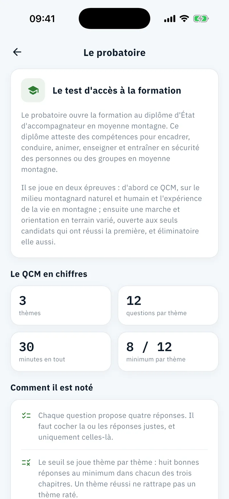 L'écran qui détaille l'épreuve : trois thèmes, douze questions, trente minutes, huit sur douze